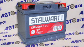 Аккумулятор 64А (пуск-530А) STALWART Drive евро (ОП правый +) (24.2*17.5*19.0) завод АКОМ