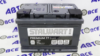 Аккумулятор 77А (пуск-770А) STALWART Premium евро (ОП правый +) (27.8*17.5*19.0) завод АКОМ