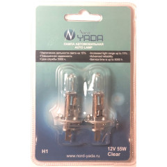 Лампа фары (галогенная) Дальний свет H1 12V 55W CLEAR (блистер к-т: 2шт) NORD YADA 