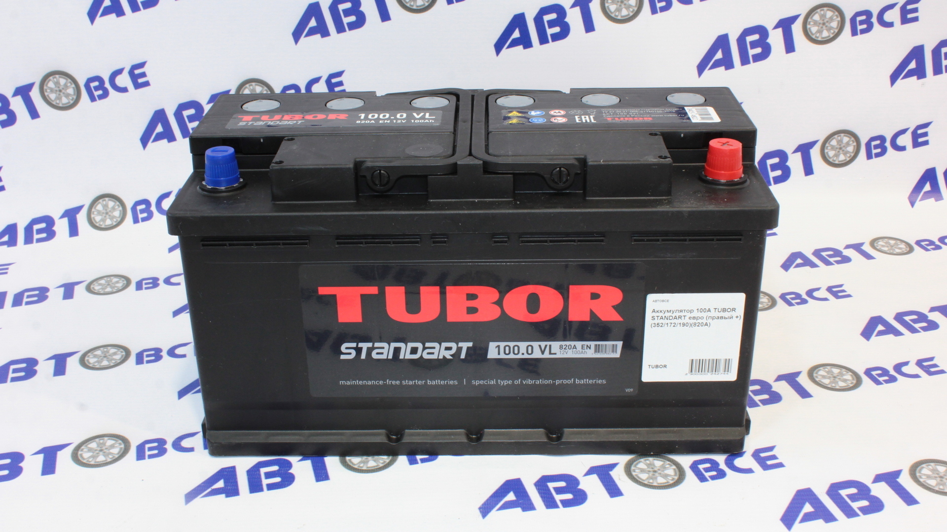 Аккумулятор 100А TUBOR STANDART евро (правый +) (352/172/190)(820A)