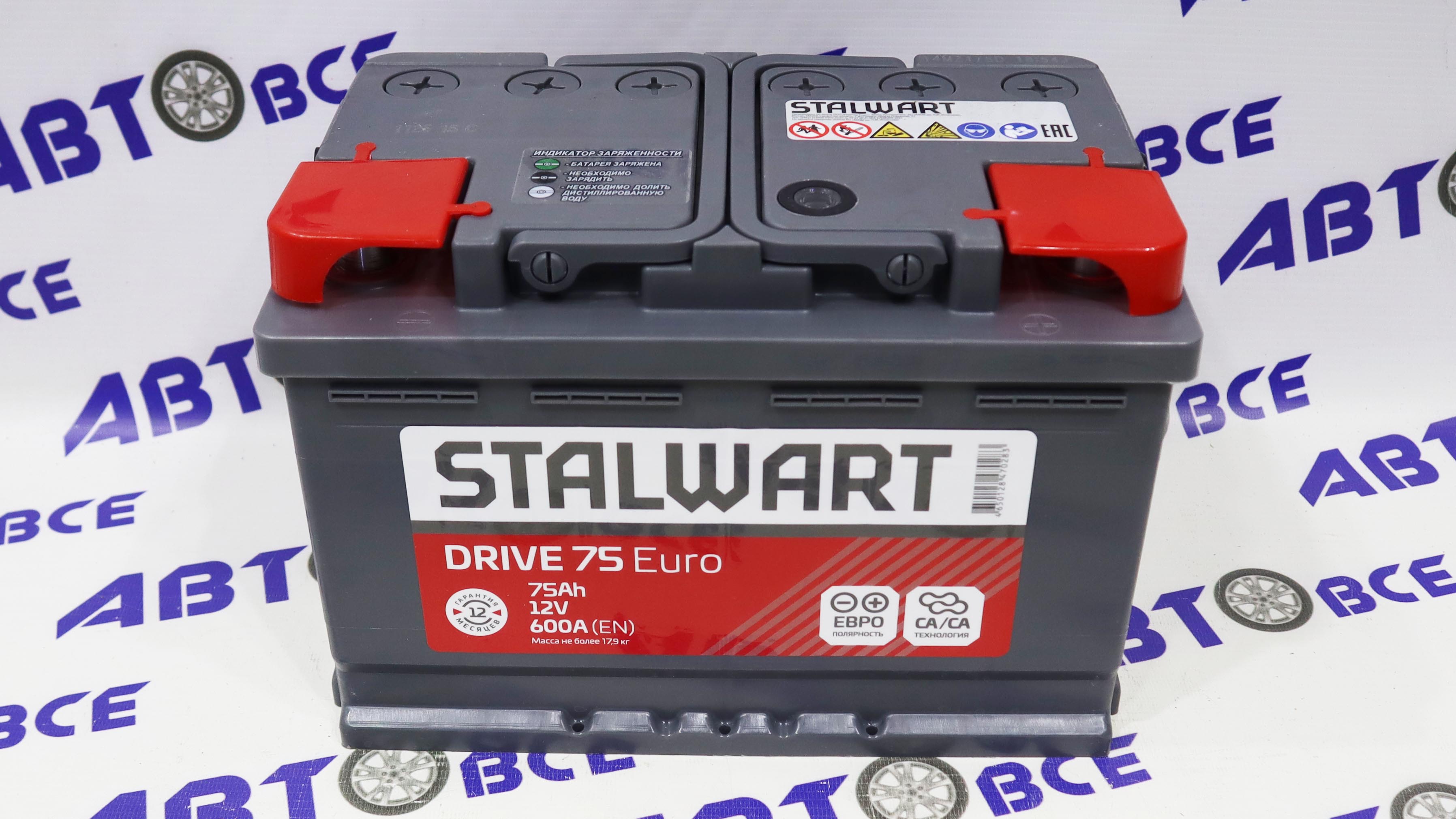 Аккумулятор 75А (пуск-600А) STALWART Drive евро (ОП правый +) (27.8*17.5*19.0) завод АКОМ