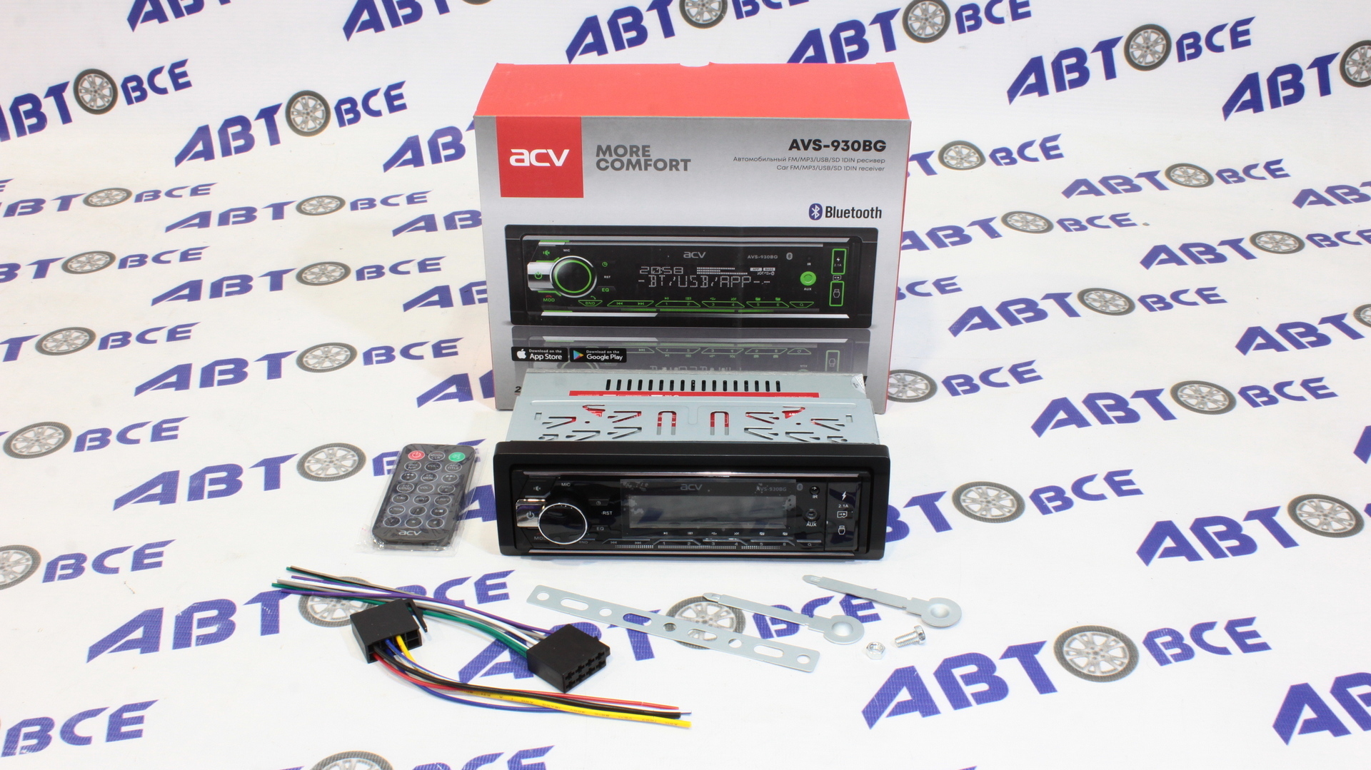 Автомагнитола (магнитофон) 1din зеленая  (USB/BT/SD/FM/AUX/MP3) AVS-930BG ACV