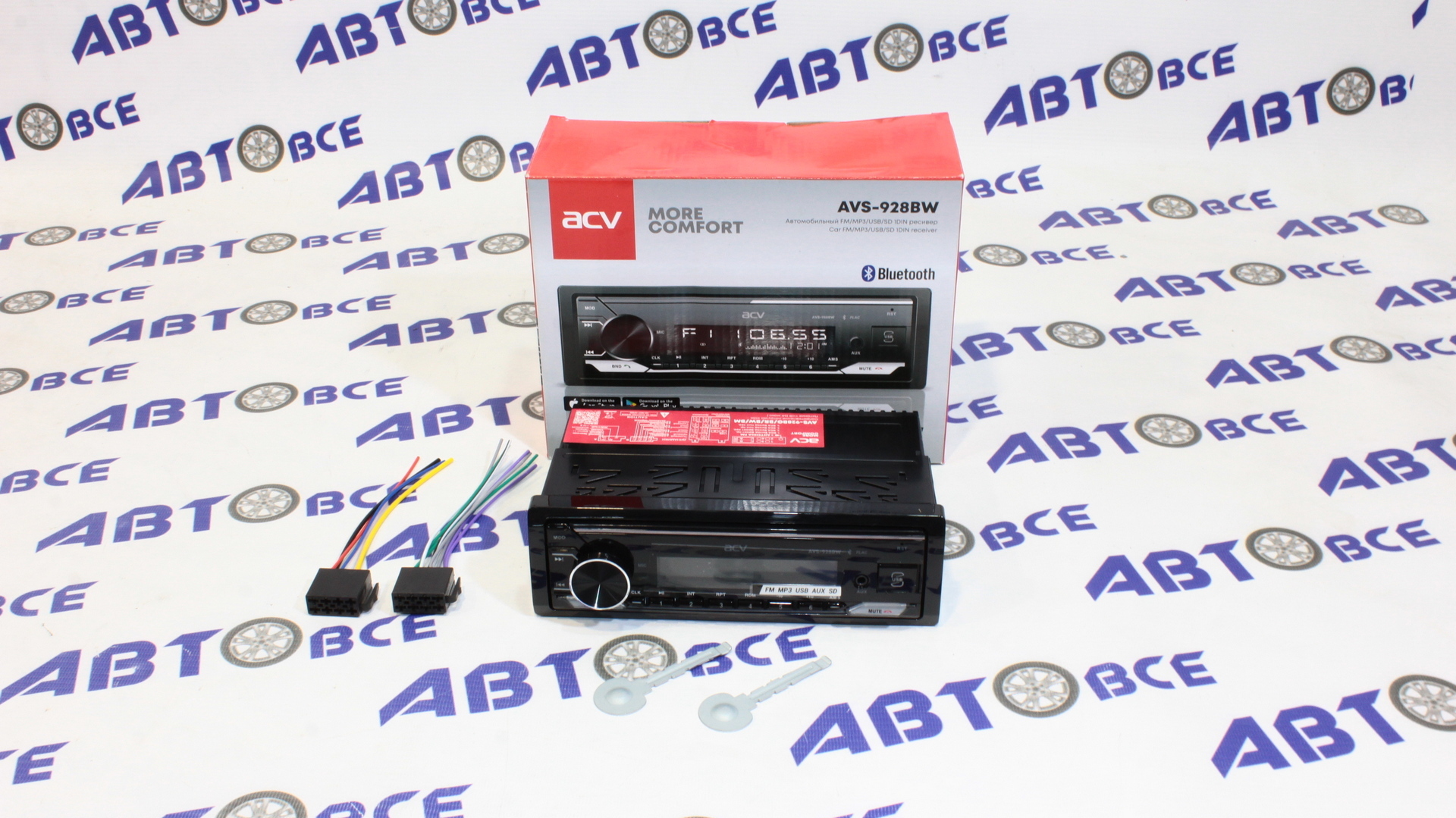 Автомагнитола (магнитофон) 1din белая (USB/BT/SD/FM/AUX) AVS-928BW ACV