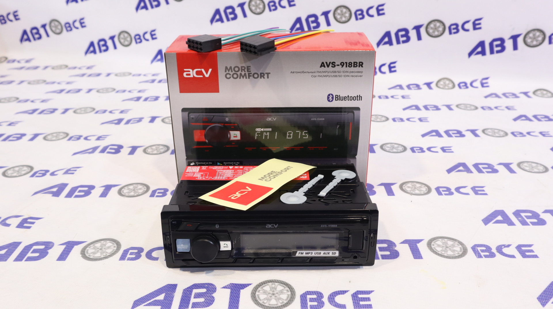 Автомагнитола (магнитофон) 1din красная (USB/BT/SD/FM/AUX) AVS-918BR ACV