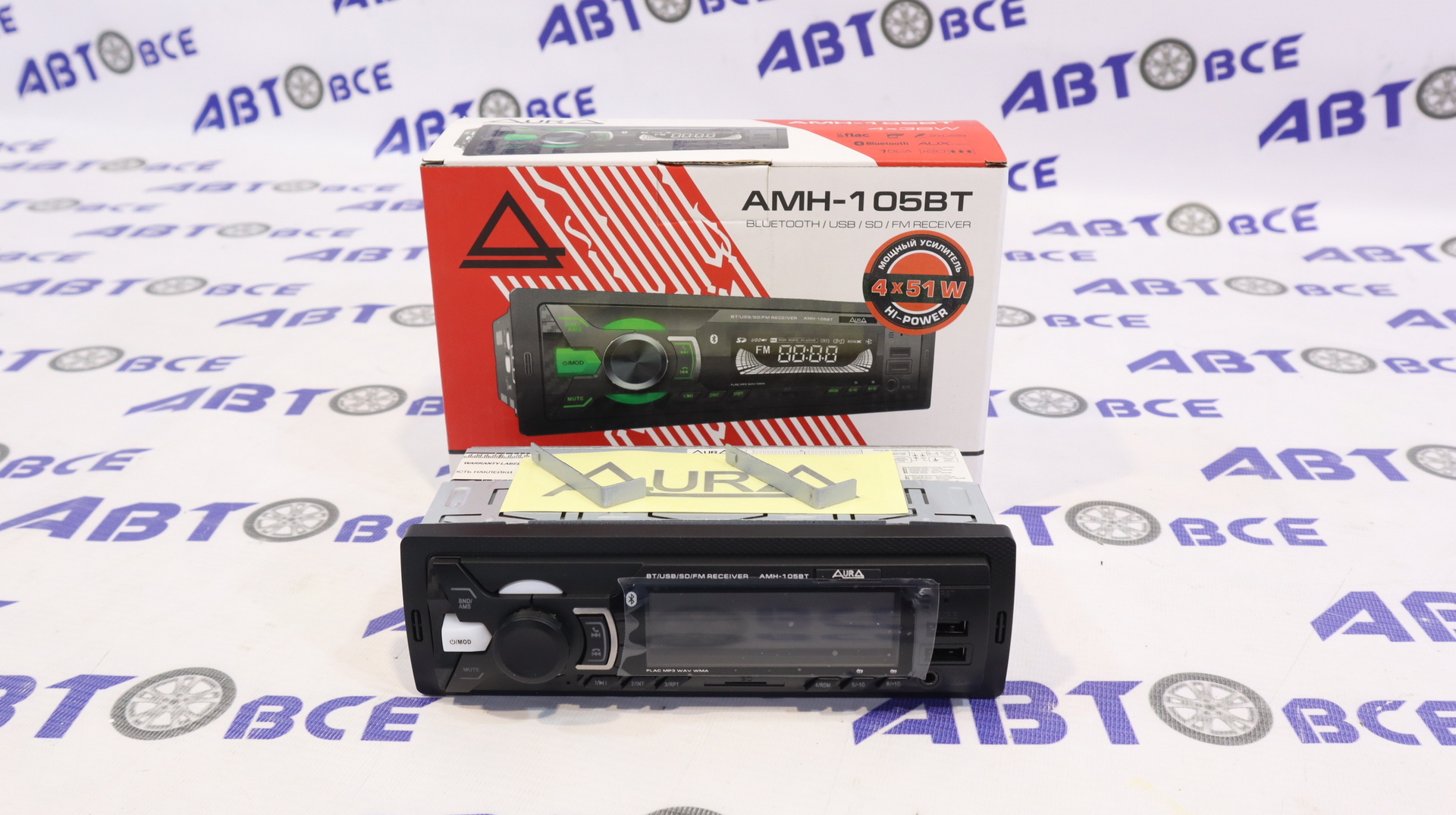 Автомагнитола (магнитофон) 1din зеленая (USB/BT/SD/FM/AUX) AMH-105BT AURA