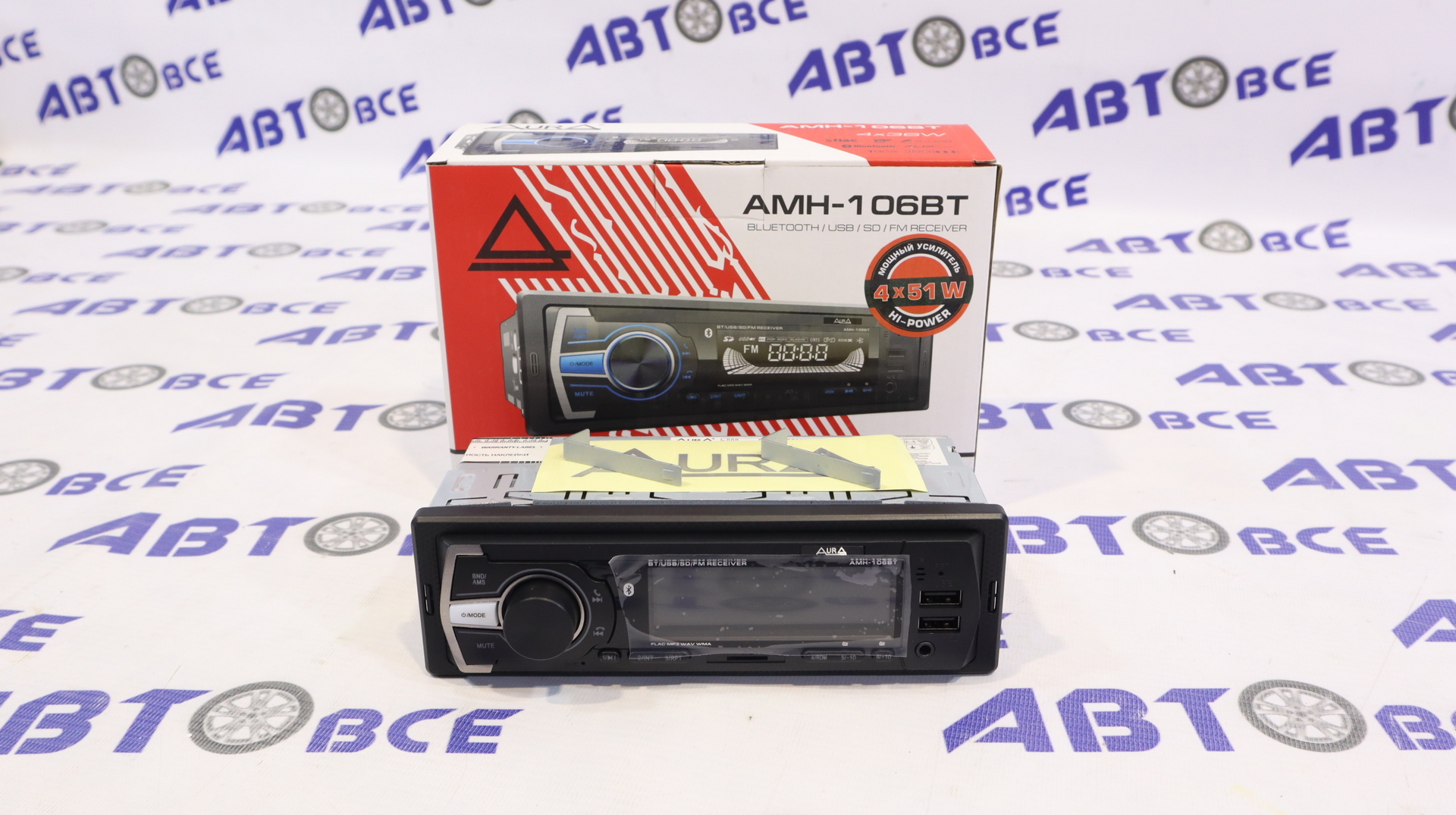 Автомагнитола (магнитофон) 1din голубая (USB/BT/SD/FM/AUX) AMH-106BT AURA