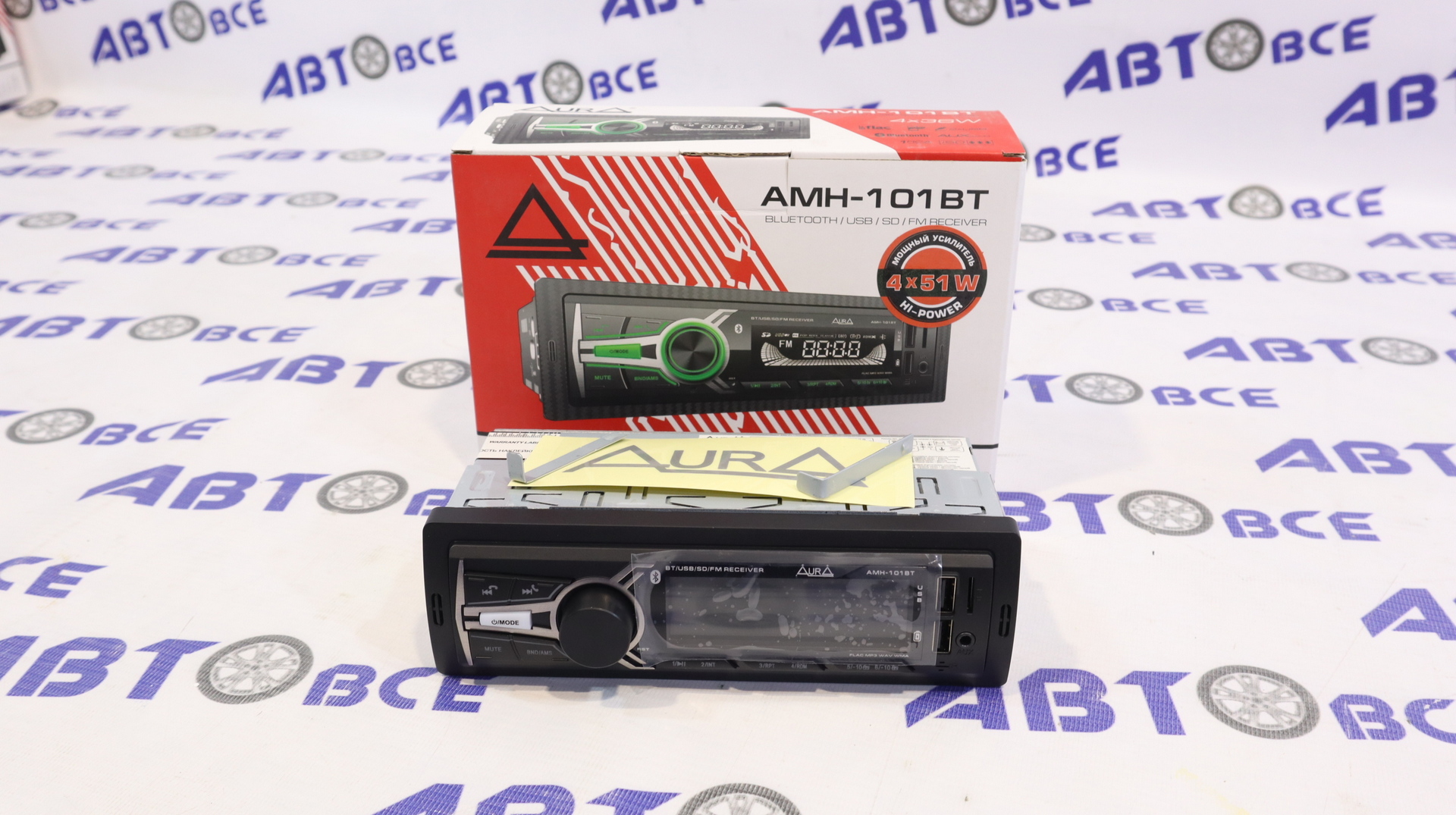 Автомагнитола (магнитофон) 1din зеленая (USB/BT/SD/FM/AUX) AMH-101BT AURA