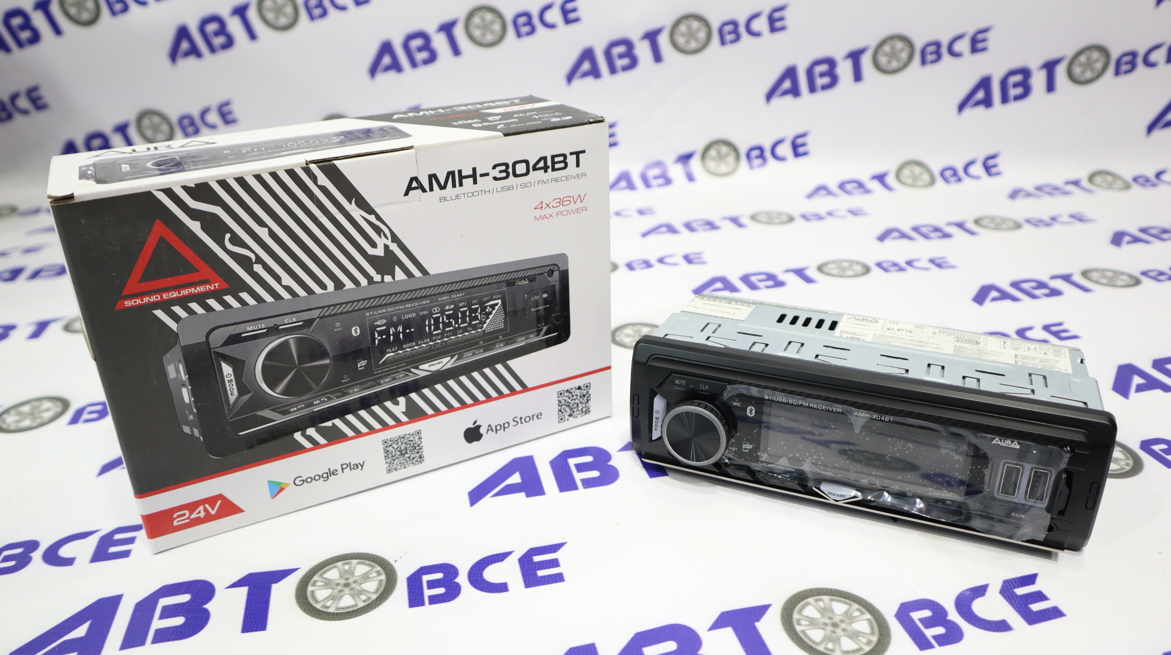 Автомагнитола (магнитофон) 1din белая (USB/BT/SD/FM/AUX) AMH-304BT AURA