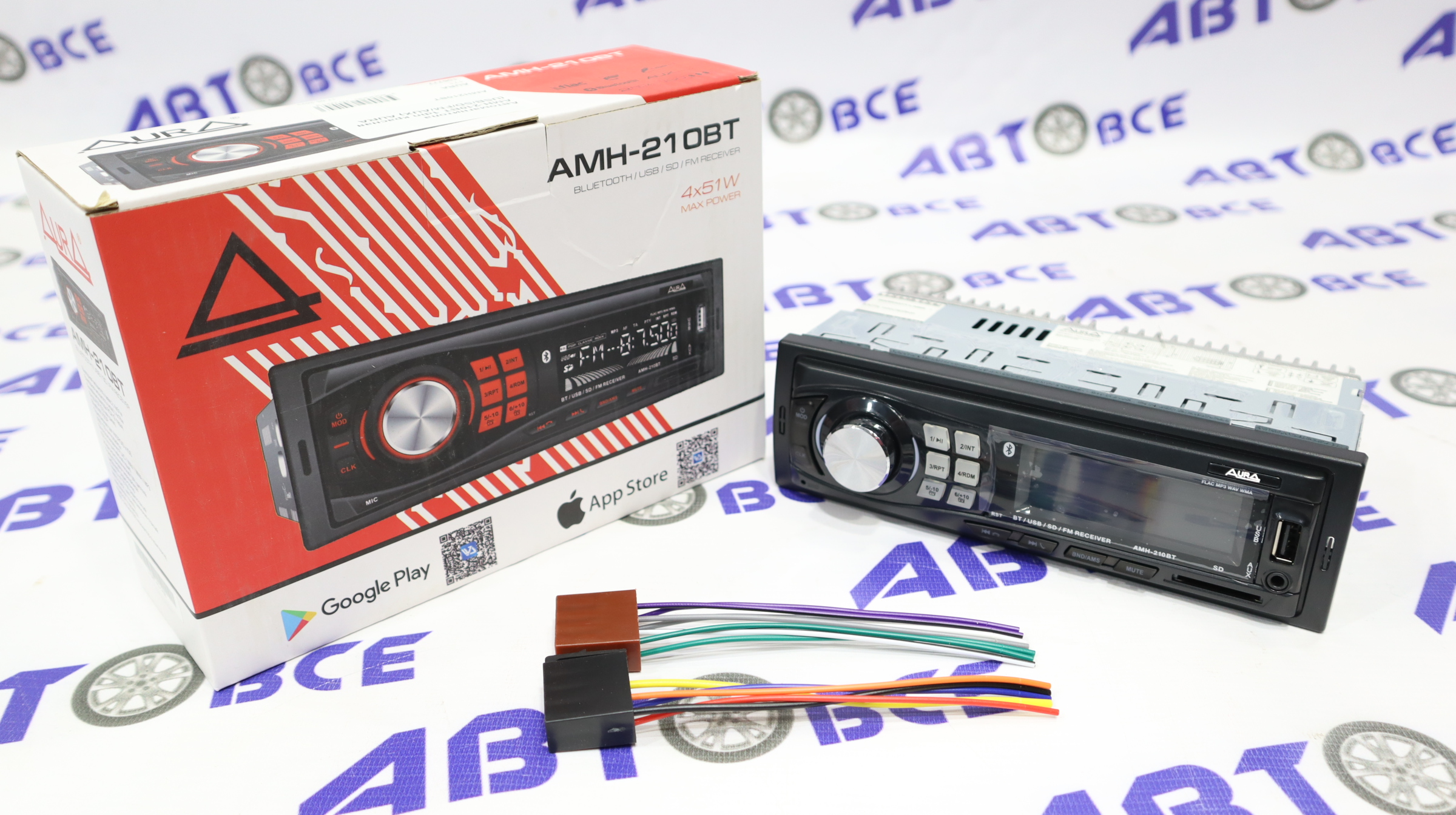 Автомагнитола (магнитофон) 1din красная (USB/BT/SD/FM/AUX) AMH-210BT AURA
