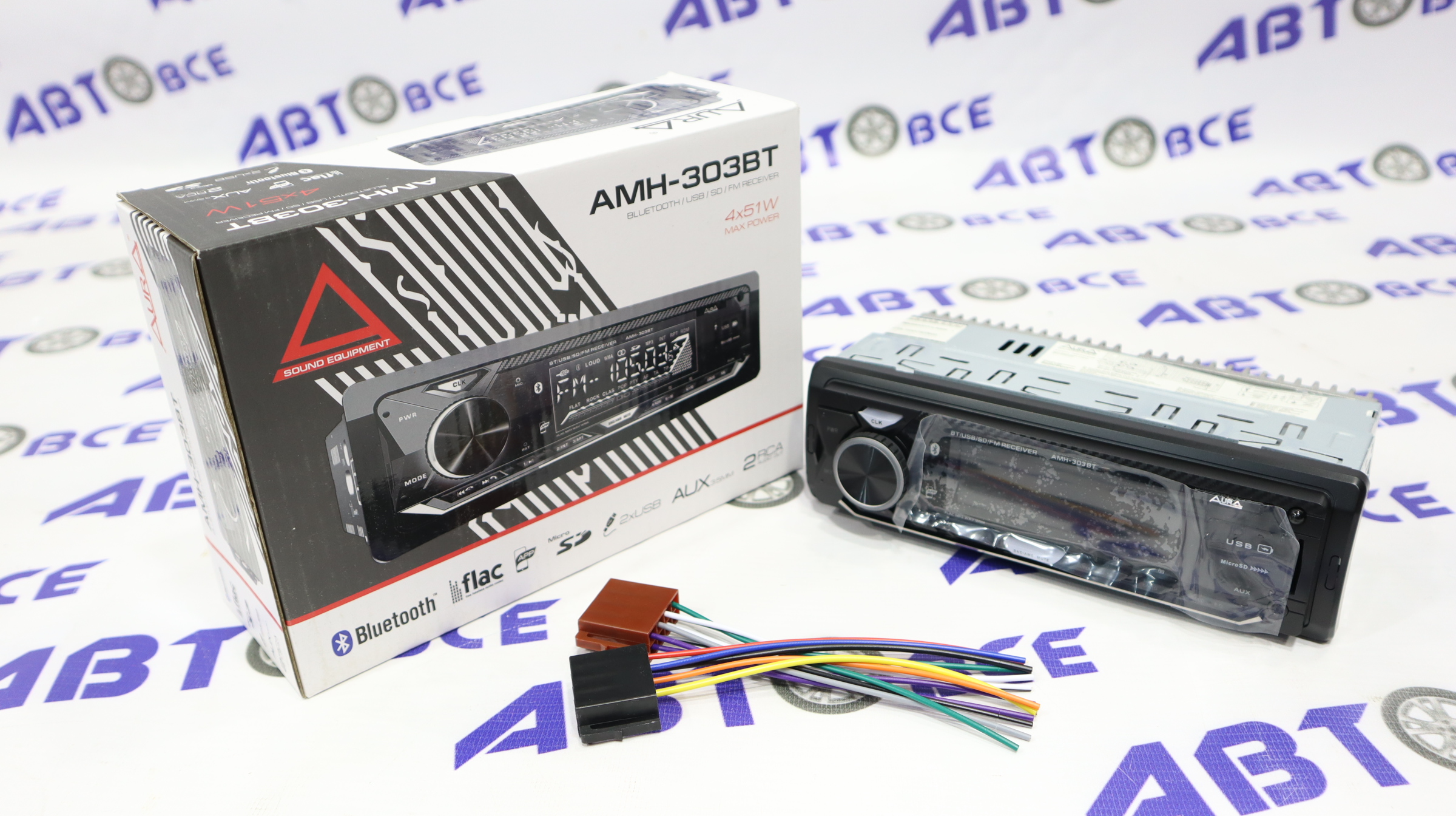 Автомагнитола (магнитофон) 1din белая (USB/BT/SD/FM/AUX) AMH-303BT AURA