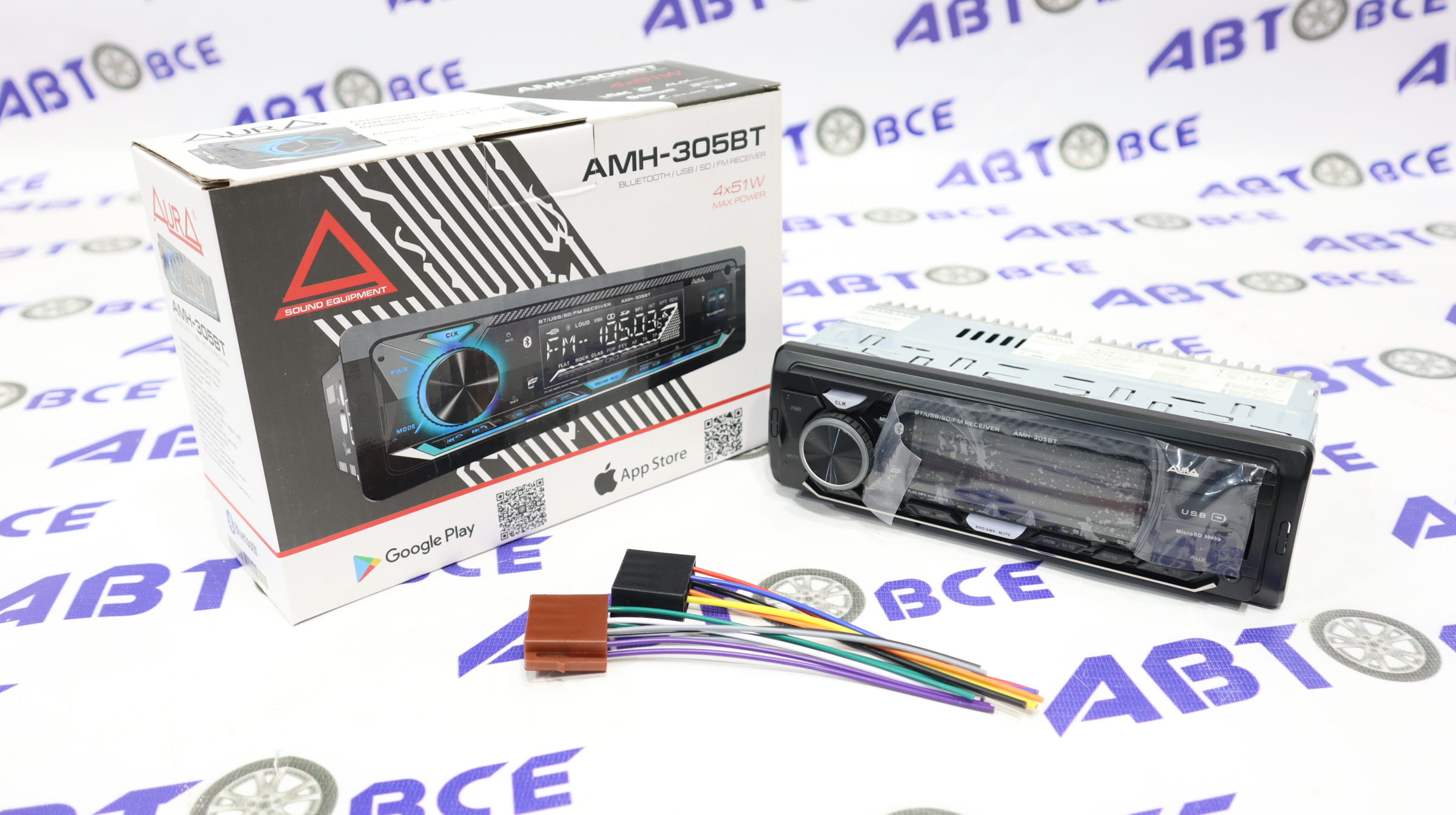 Автомагнитола (магнитофон) 1din синяя (USB/BT/SD/FM/AUX) AMH-305BT AURA