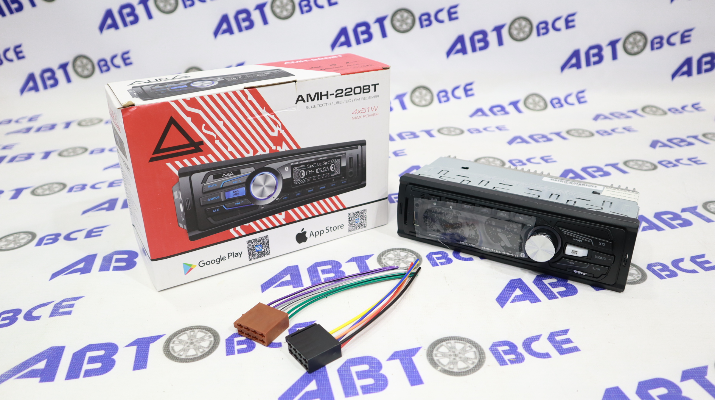 Автомагнитола (магнитофон) 1din голубая (USB/BT/SD/FM/AUX) AMH-220BT AURA