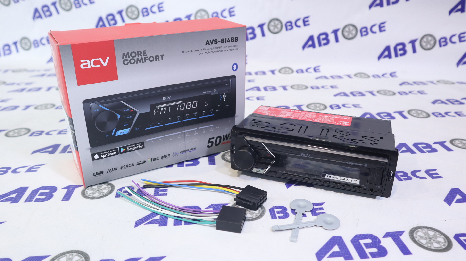 Автомагнитола (магнитофон) 1din голубая (USB/BT/SD/FM/AUX) AVS-814BB ACV