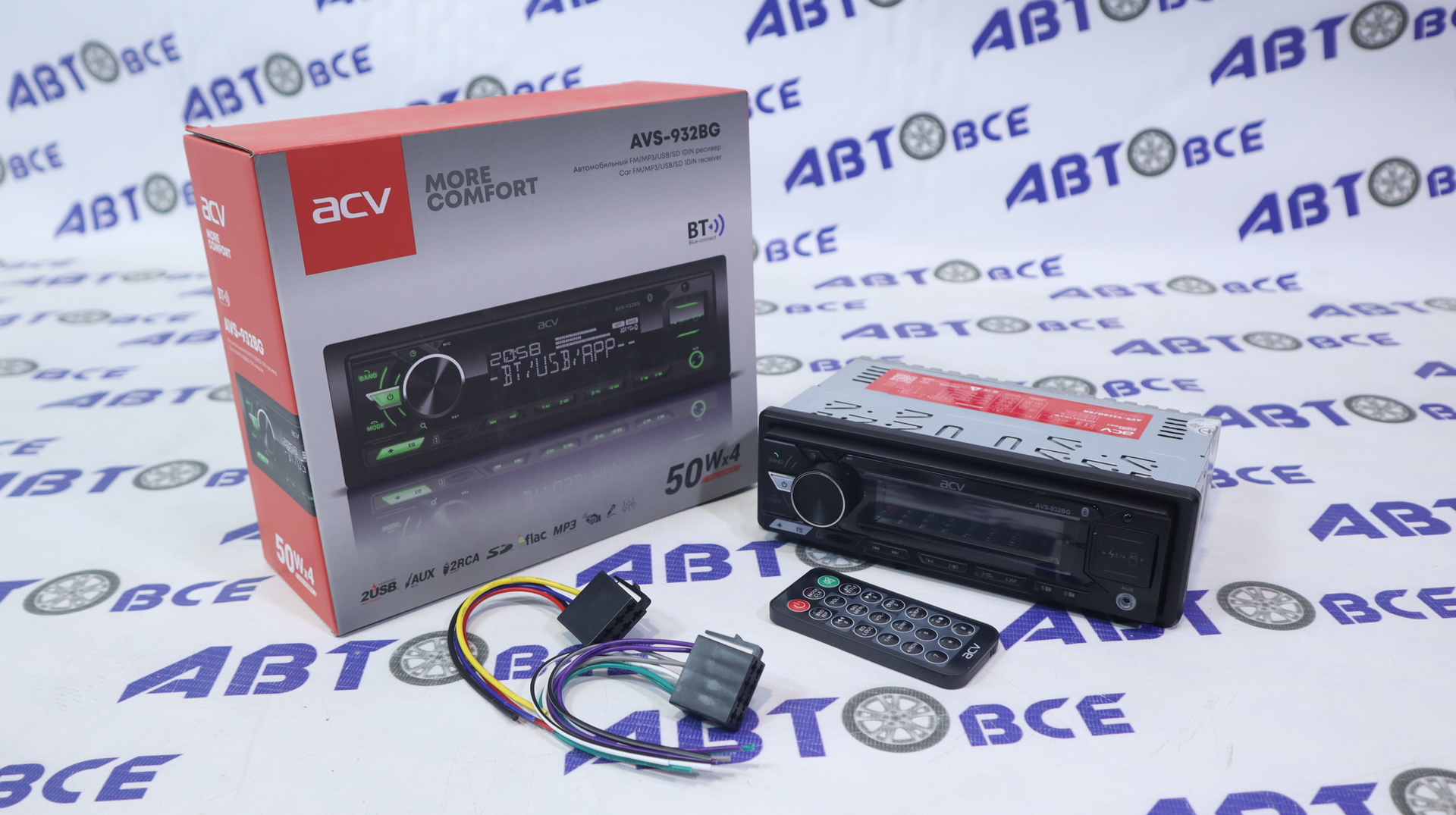 Автомагнитола (магнитофон) 1din зелёная (USB/BT/SD/FM/AUX) AVS-932BG ACV