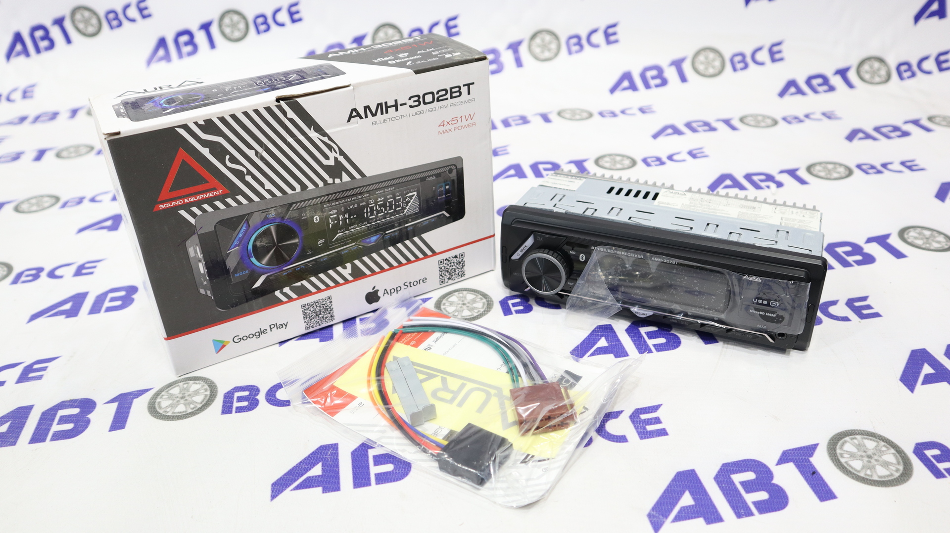Автомагнитола (магнитофон) 1din синяя (USB/BT/SD/FM/AUX) AMH-302BT AURA